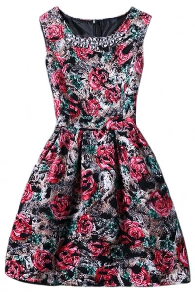 Oasap Rose Print Rhinestone Round Neck Sleeveless A-line Dress