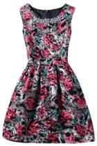 Oasap Rose Print Rhinestone Round Neck Sleeveless A-line Dress