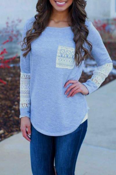 Oasap Fashion Lace Paneled Long Sleeve Tee