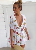 Oasap Deep V Neck Short Sleeve Tie Waist Floral Print Romper