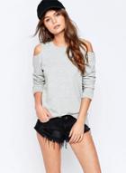 Oasap Off Shoulder Long Sleeve Solid Pullover Tee