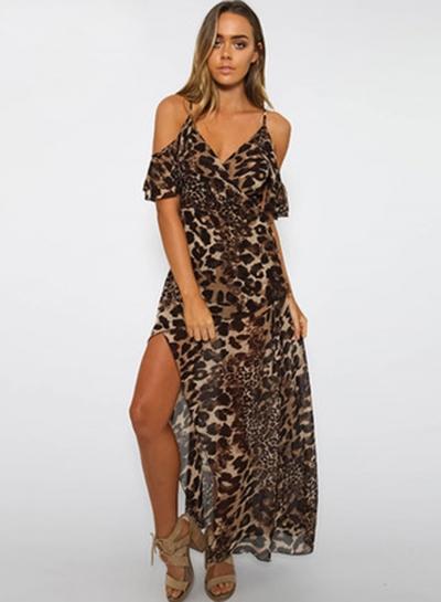 Oasap Spaghetti Strap V Neck Leopard High Slit Dress