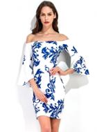 Oasap Blue-and-white Print Slash Neck Dress