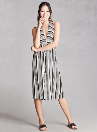 Oasap Simple Lace-up Wide Leg Stripped Jumpsuit