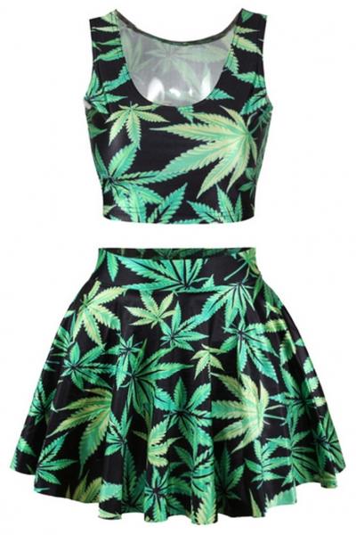 Oasap 2pcs Graphic Tank A-line Skirt Matching Set