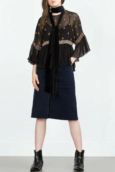Oasap Stylish Geometric Print Asymmetric Sheer Chiffon Blouse