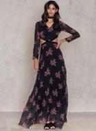 Oasap V Neck Long Sleeve Cut Out Floral Maxi Dress