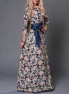 Oasap 3/4 Sleeve Floral Maxi Dress With Belt