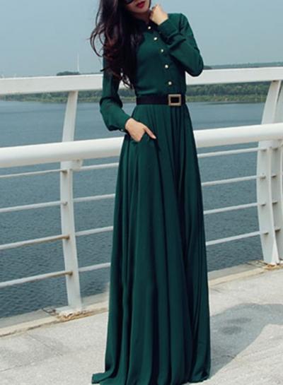 Oasap Long Sleeve Solid Color Maxi Dresses With Belt