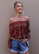 Oasap Casual Off Shoulder Flare Sleeve Floral Printed Loose Blouse
