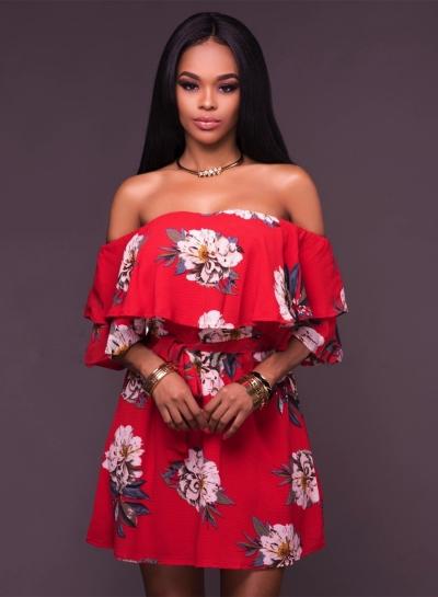 Oasap Off Shoulder Ruffle Short Sleeve Floral Chiffon Dress