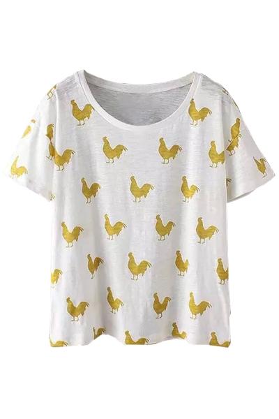 Oasap Cock Print Round Neck Short Sleeve Knit Tee