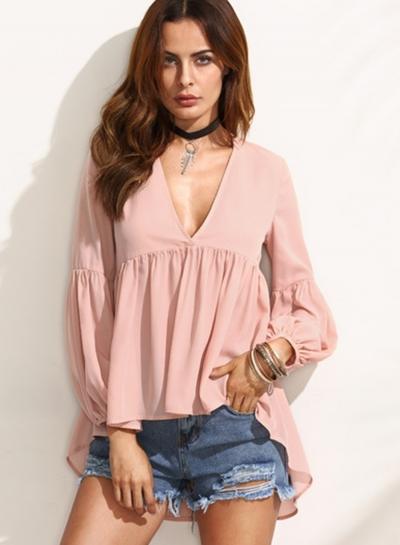 Oasap Deep V Neck Lantern Sleeve Blouses