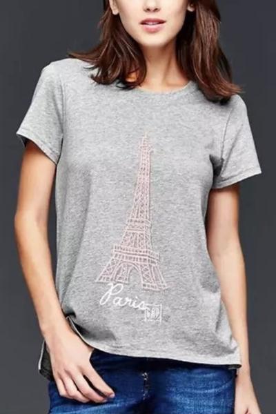 Oasap Effie Tower Print Short Sleeve Cotton Knit Tee