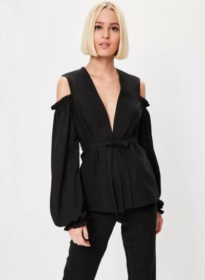 Oasap V Neck Off Shoulder Long Sleeve Blouse With Belt