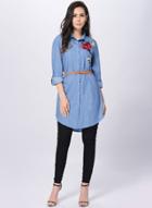 Oasap Floral Embroidery Half Sleeve Button Down Denim Shirt With Belt