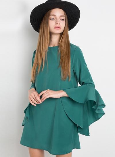 Oasap Solid Color Flounce Sleeve Shift Dress