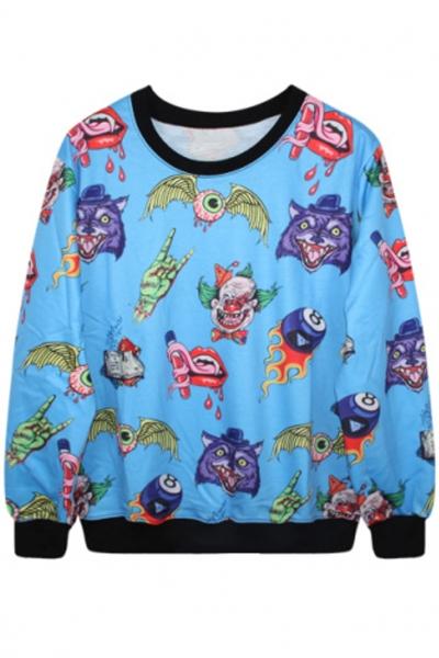 Oasap Graphic Sea Creature Print Light Blue Sweatshirt