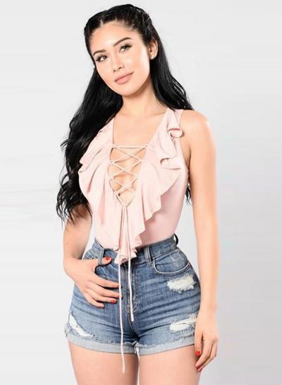 Oasap Fashion Sleeveless Ruffle Lace-up Slim Fit Tee