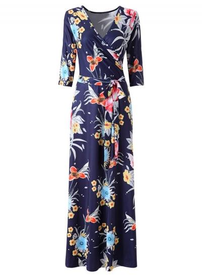 Oasap V Neck Three Quarter Length Sleeve Floral Printed Maxi Dress