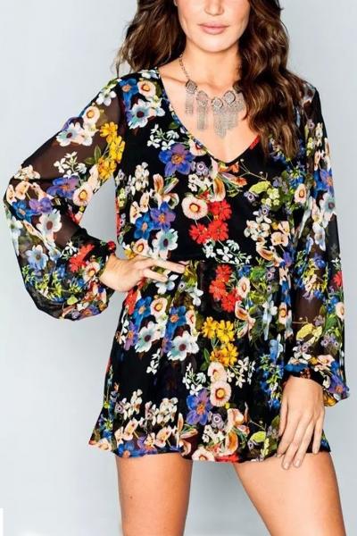 Oasap Floral Print Deep V Lantern Sleeve Chiffon Romper
