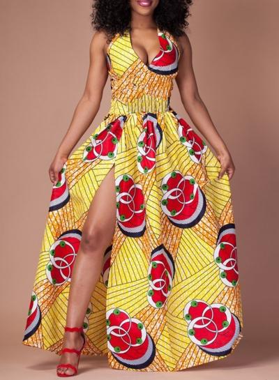 Oasap Halter V Neck Sleeveless Backless High Slit Printed Maxi Dress