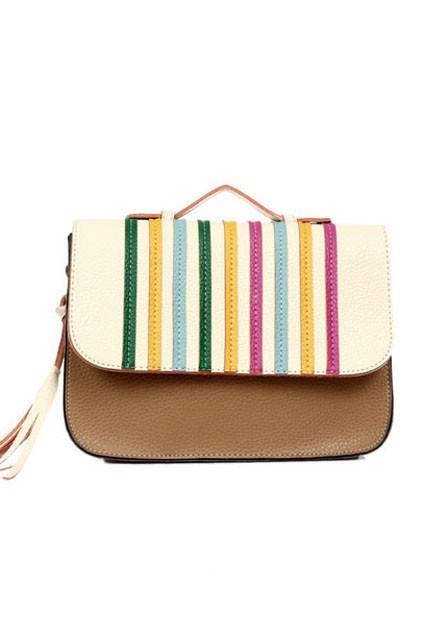 Oasap Contrast Color Stripped Tassel Charm Satchel Bag