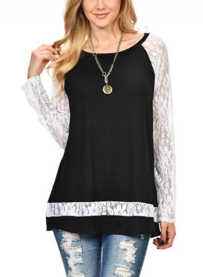 Oasap Color Block Round Neck Lace Sleeve Mini Dress