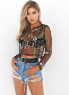 Oasap See Through Floral Embroidery Tops