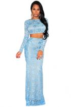 Oasap Blue Lace Open Back Long Sleeves Maxi Skirt Set