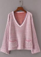 Oasap V Neck Long Sleeve Color Block Sweaters