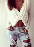 Oasap V Neck Long Sleeve Cross Front Tee