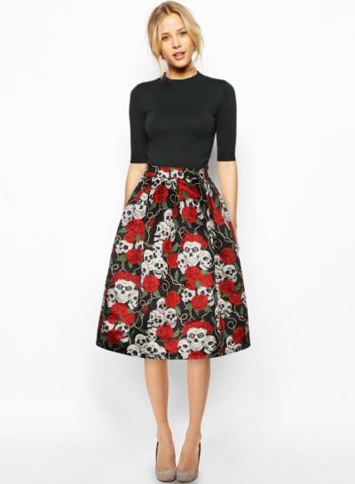 Oasap Fashion Floral Halloween Skull A-line Skirt