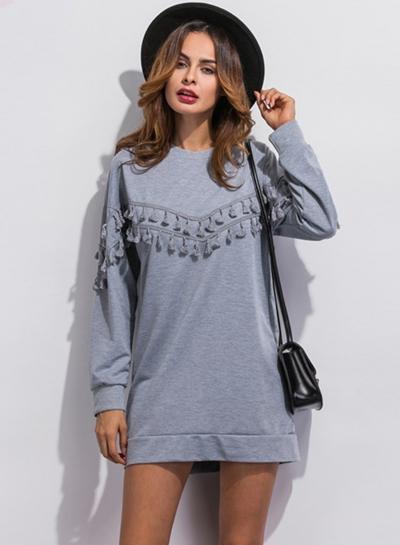Oasap Grey Tassel Round Neck Sweatshirt