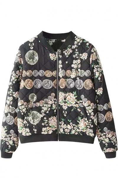 Oasap Favourite Floral Print Long Sleeve Zipped Coat For Woman