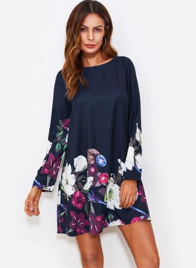 Oasap Floral Print Long Sleeve Round Neck Knit Mini Dress