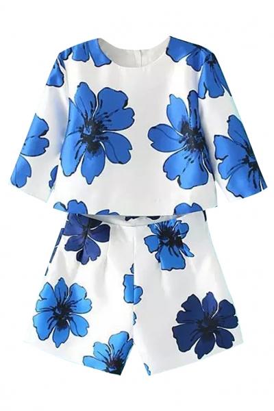 Oasap Royal Blue Floral Crop Top High-waisted Shorts Matching Sets