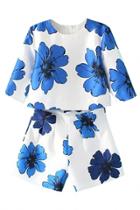 Oasap Royal Blue Floral Crop Top High-waisted Shorts Matching Sets