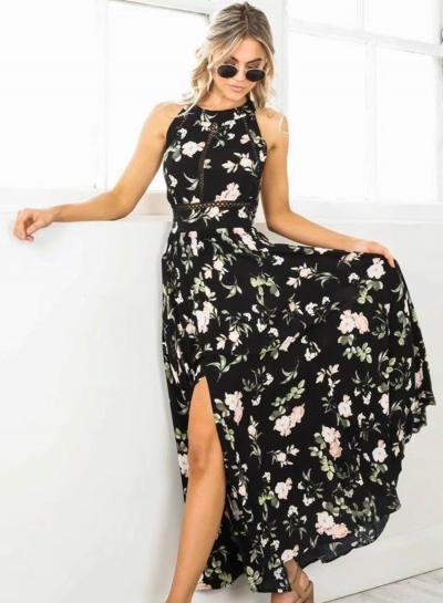 Oasap Halter Floral Print Maxi Dress