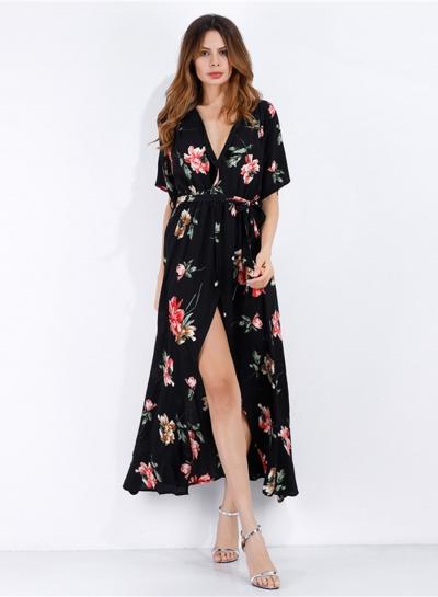 Oasap V Neck High Slit Flower Maxi Dress