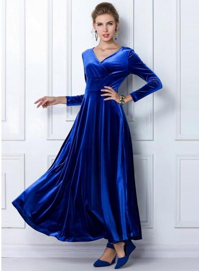 Oasap V Neck Long Sleeve Velvet Maxi Evening Dress