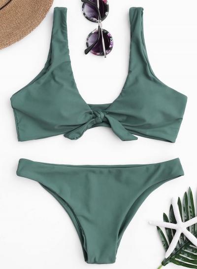 Oasap Deep V Neck Sleeveless Solid Color Two Pieces Bikini Swimwear