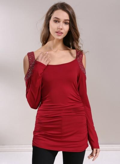 Oasap Round Neck Long Sleeve Off Shoulder Sequins Decoration Tee Shirt