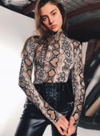Oasap High Neck Long Sleeve Slim Fit Snake Print Tee Shirt