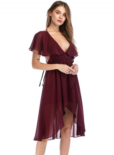 Oasap Fashion Irregular Solid Short Sleeve Back Lace-up Elastic Waist Midi Dress