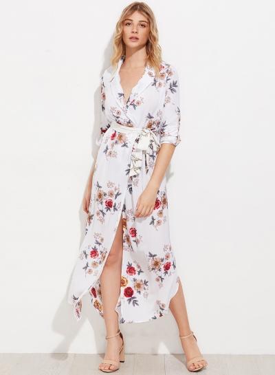 Oasap Deep V Neck Long Sleeve Floral Printed Dress