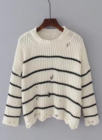 Oasap Round Neck Long Sleeve Striped Broken Hole Sweaters