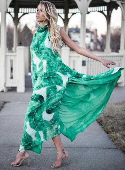 Oasap Halter Backless Sleeveless Leaf Printed Side Slit Maxi Dress