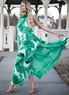Oasap Halter Backless Sleeveless Leaf Printed Side Slit Maxi Dress