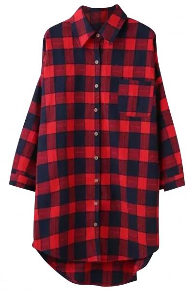 Oasap Oversized Plaid Print High Low Button Down Shirt